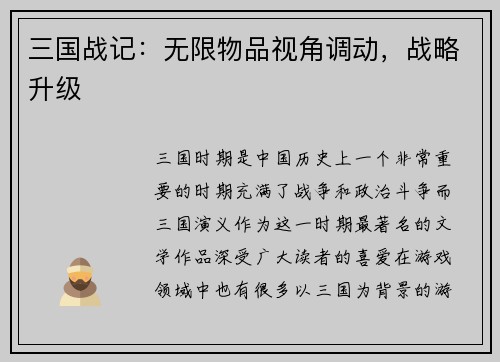 三国战记：无限物品视角调动，战略升级